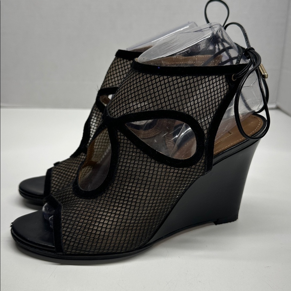 Aquazzura Sexy Thing Suede Wedges Heeled Sandals Open Toe Mesh Black Size 7.5 - Picture 2 of 12